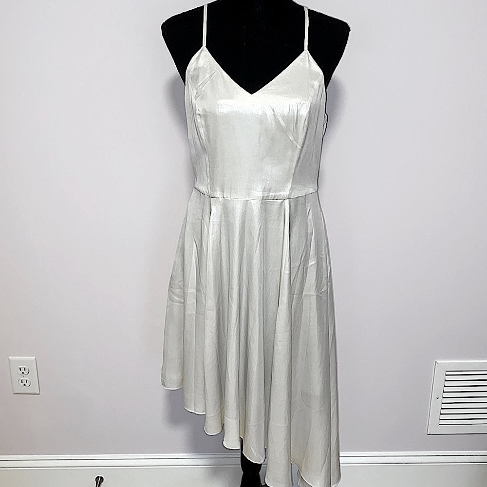 Shimmering Ivory White Dress with Halter Spaghetti Strap V-Neck Asymmetrical